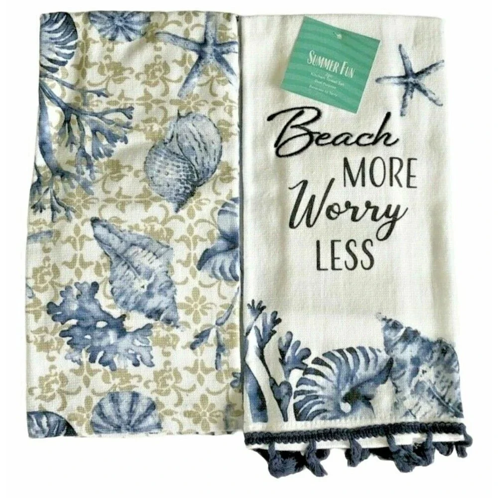 Summer Beach House Kitchen Dish Towels Beach More Worry Less Shells Set of 2